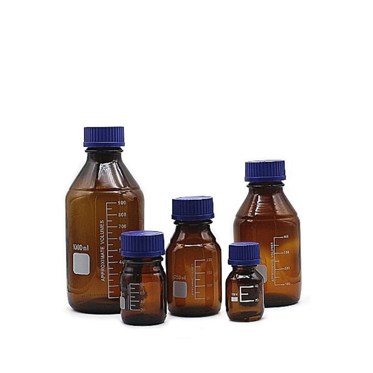 Банки для реактивов из темного стекла с делениями и винтовой крышкой