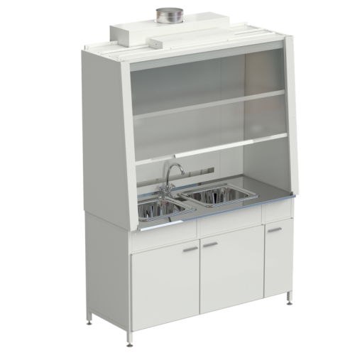 Шкаф вытяжной с двойной мойкой без электрики 1520х750х2160 мм, раб. поверхность - НЕРЖАВЕЮЩАЯ СТАЛЬ