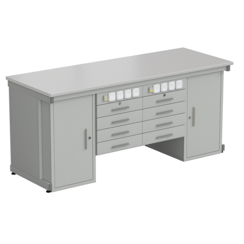 Стол демонстрационный с двумя напольными тумбами, двумя подвесными тумбами, с электрикой 2000х750х900, раб. поверхность - ЛАМИНАТ БЕЛЫЙ