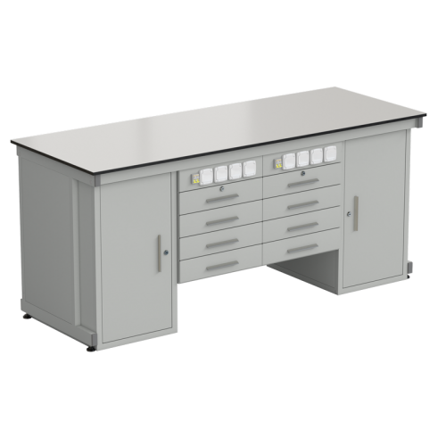 Стол демонстрационный с двумя напольными тумбами, двумя подвесными тумбами, с электрикой 2000х750х900, раб. поверхность - LABGRADE