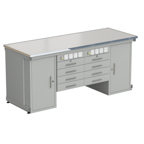 Стол демонстрационный с двумя напольными тумбами, двумя подвесными тумбами, с электрикой 2000х750х900, раб. поверхность - LABGRADE-лайт