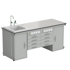 Стол демонстрационный с двумя напольными тумбами, двумя подвесными тумбами, с электрикой, водой 2000х750х900, раб. поверхность - LABGRADE