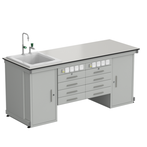 Стол демонстрационный с двумя напольными тумбами, двумя подвесными тумбами, с электрикой, водой 2000х750х900, раб. поверхность - LABGRADE