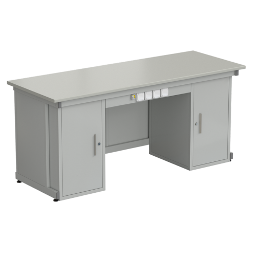 Стол демонстрационный с двумя напольными тумбами, с электрикой 2000х750х900, раб. поверхность - ЛАМИНАТ СЕРЫЙ