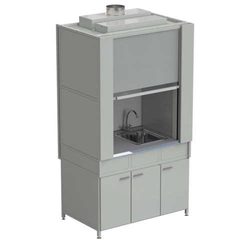 Шкаф вытяжной с коконом из стеклопластика с мойкой из НС и смесителем с ВЗБ светильником 1200х820х2240 мм, раб. поверхность - МОНОЛИТНЫЙ КЕРАМОГРАНИТ