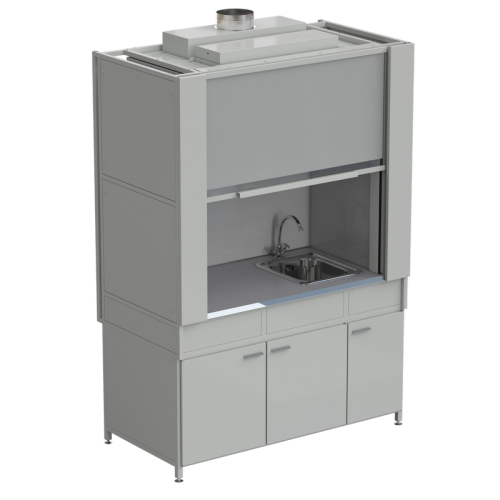 Шкаф вытяжной с коконом из стеклопластика с мойкой из НС и смесителем с ВЗБ светильником 1500х820х2240 мм, раб. поверхность - МОНОЛИТНЫЙ КЕРАМОГРАНИТ