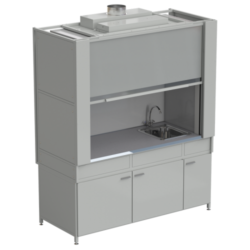 Шкаф вытяжной с коконом из стеклопластика с мойкой из НС и смесителем с ВЗБ светильником 1800х820х2240 мм, раб. поверхность - МОНОЛИТНЫЙ КЕРАМОГРАНИТ