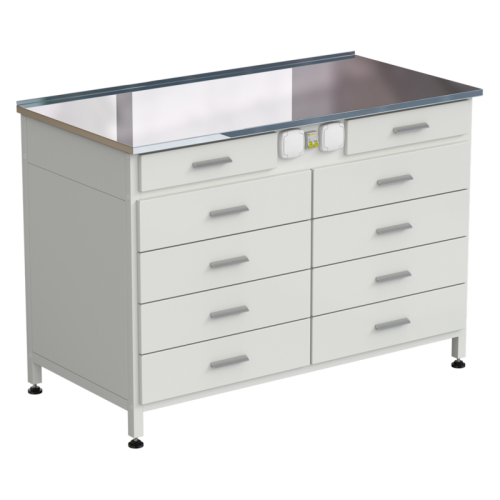 Стол-тумба с электрикой (2 ящика + 4 ящика + 4 ящика) 1200x600x850 мм, раб. поверхность - НЕРЖАВЕЮЩАЯ СТАЛЬ