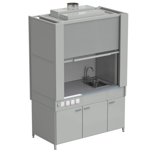 Шкаф вытяжной с коконом из стеклопластика с мойкой из НС и смесителем с электрикой 1500х820х2240 мм, раб. поверхность - МОНОЛИТНЫЙ КЕРАМОГРАНИТ
