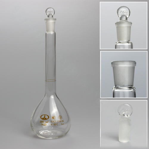 Колба мерная 2-200-1 14/23 с одной меткой и пришлифованной пробкой