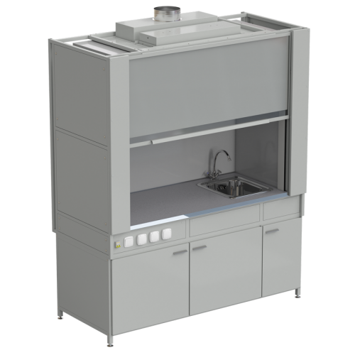 Шкаф вытяжной с коконом из стеклопластика с мойкой из НС и смесителем с электрикой 1800х820х2240 мм, раб. поверхность - МОНОЛИТНЫЙ КЕРАМОГРАНИТ