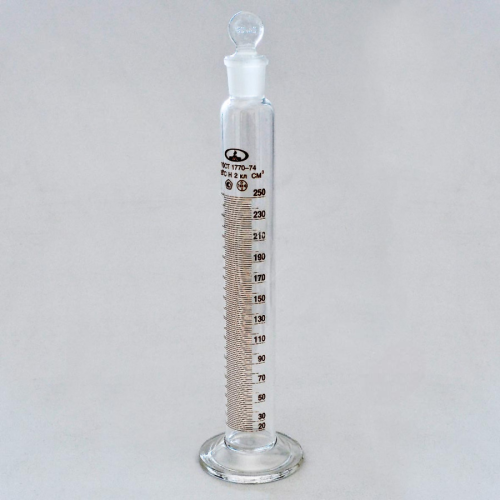 Цилиндр мерный 2-250-2 с пришлифованной пробкой, на стеклянном основании