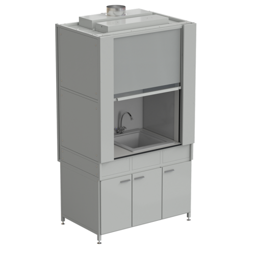 Шкаф вытяжной с коконом из стеклопластика с мойкой из СП и смесителем с ВЗБ светильником 1200х820х2240 мм, раб. поверхость- LABGRADE