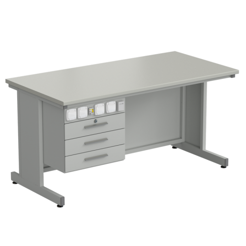 Стол преподавателя с подвесной тумбой и электрикой + слот для ин-та 1500х750х760, раб. поверхность - ЛАМИНАТ СЕРЫЙ