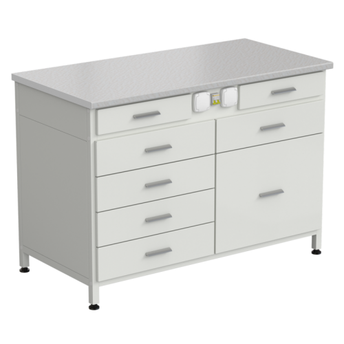 Стол-тумба с электрикой 1200x600x850 мм, 2 ящика + 4 ящика + 1 малый + 1 большой, раб. поверхность - ЛАМИНАТ БЕЛЫЙ