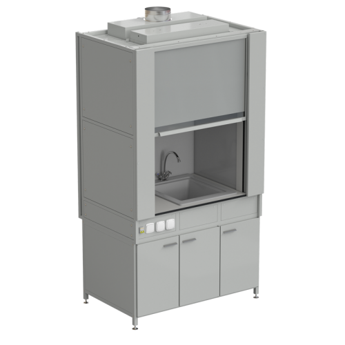 Шкаф вытяжной с коконом из стеклопластика с мойкой из СП и смесителем с электрикой 1200х820х2240 мм, раб. поверхость- LABGRADE