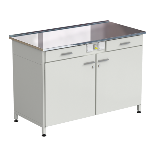 Стол-тумба с электрикой (2 ящика + двери) 1200x600x850 мм, раб. поверхность - НЕРЖАВЕЮЩАЯ СТАЛЬ