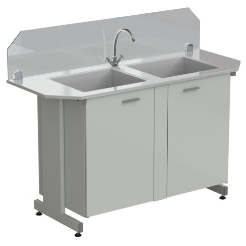 Мойка двойная торцевая 1500х600х1220 мм, (защитное стекло, глубина раковины 280 мм, 1 кран), раб. поверхность - СТЕКЛОПЛАСТИК