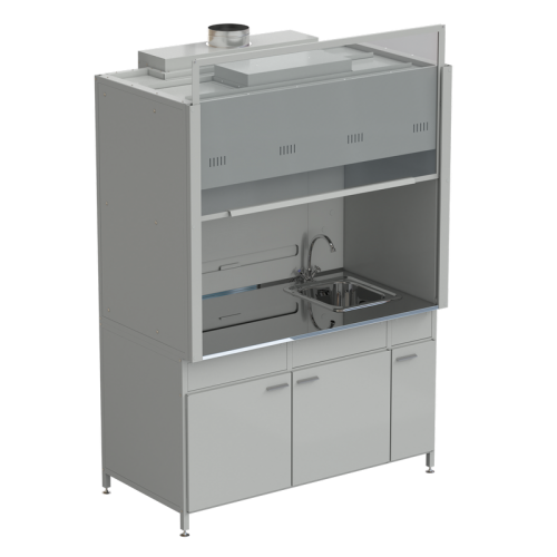 Шкаф вытяжной с мойкой из НС и смесителем с ВЗБ светильником 1500х900х2145 мм, раб. поверхность - НЕРЖАВЕЮЩАЯ СТАЛЬ