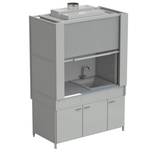 Шкаф вытяжной с коконом из стекопластика с мойкой из СП и смесителем, с ВЗБ светильником 1500х820х2240 мм, раб. поверхость - МОНОЛИТНЫЙ КЕРАМОГРАНИТ