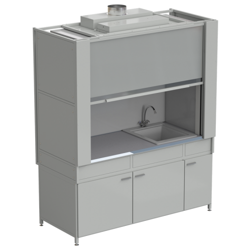 Шкаф вытяжной с коконом из стекопластика с мойкой из СП и смесителем с ВЗБ светильником 1800х820х2240 мм, раб.поверхость - МОНОЛИТНЫЙ КЕРАМОГРАНИТ