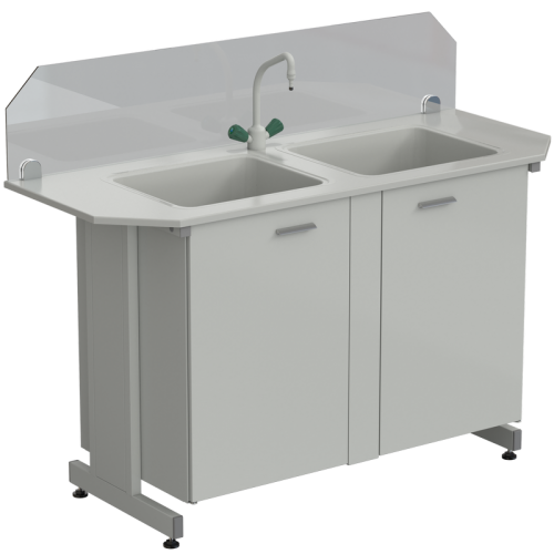 Мойка двойная торцевая 1500х600х1220 мм, (защитное стекло, глубина раковины 280 мм, 1 кран TOF), раб. поверхность - DURCON