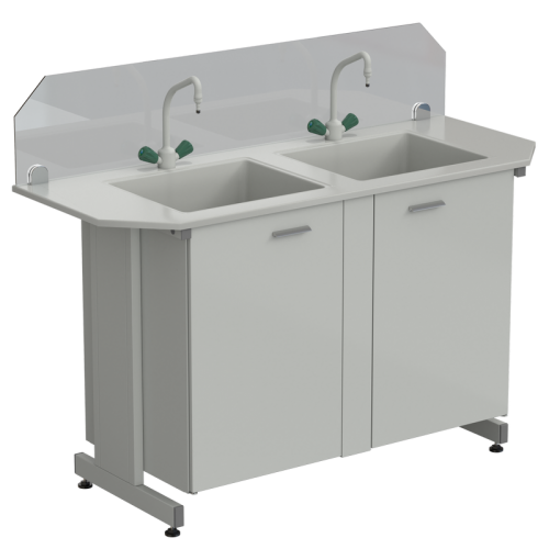 Мойка двойная торцевая 1500х600х1220 (защитное стекло, глубина раковины 280 мм, 2 крана TOF), раб. поверхность - DURCON