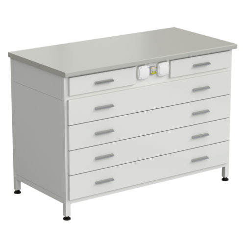 Стол-тумба с электрикой (2 ящика + 4 широких ящика) 1200x600x850 мм, раб. поверхность - ЛАМИНАТ БЕЛЫЙ