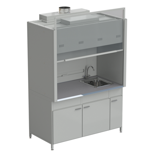 Шкаф вытяжной с мойкой из НС и смесителем с ВЗБ светильником 1500х900х2145 мм, раб. поверхность - МОНОЛИТНЫЙ КЕРАМОГРАНИТ