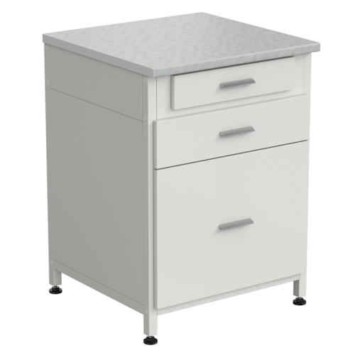 Тумба 3 ящика 610х600х850, верхний ящик - роликовые направляющие, нижние ящики - направляющие полного выдвижения, ЛАМИНАТ БЕЛЫЙ