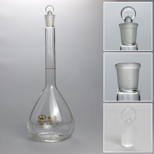 Колба мерная 2-1000-1 19/26 с одной меткой и пришлифованной пробкой