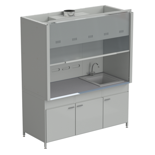 Шкаф вытяжной с мойкой из СП и смесителем с ВЗБ светильником 1800х900х2145 мм, раб. поверхность - МОНОЛИТНЫЙ КЕРАМОГРАНИТ