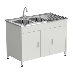 Стол-мойка 1200x600x850 мм, с двумя раковинами слева и одним смесителем, материал раковины - НЕРЖАВЕЮЩАЯ СТАЛЬ