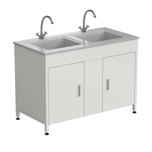 Стол-мойка двойная 1200х600х850 мм, с двумя раковинами и 2-мя смесителями, материал раковины - СТЕКЛОПЛАСТИК